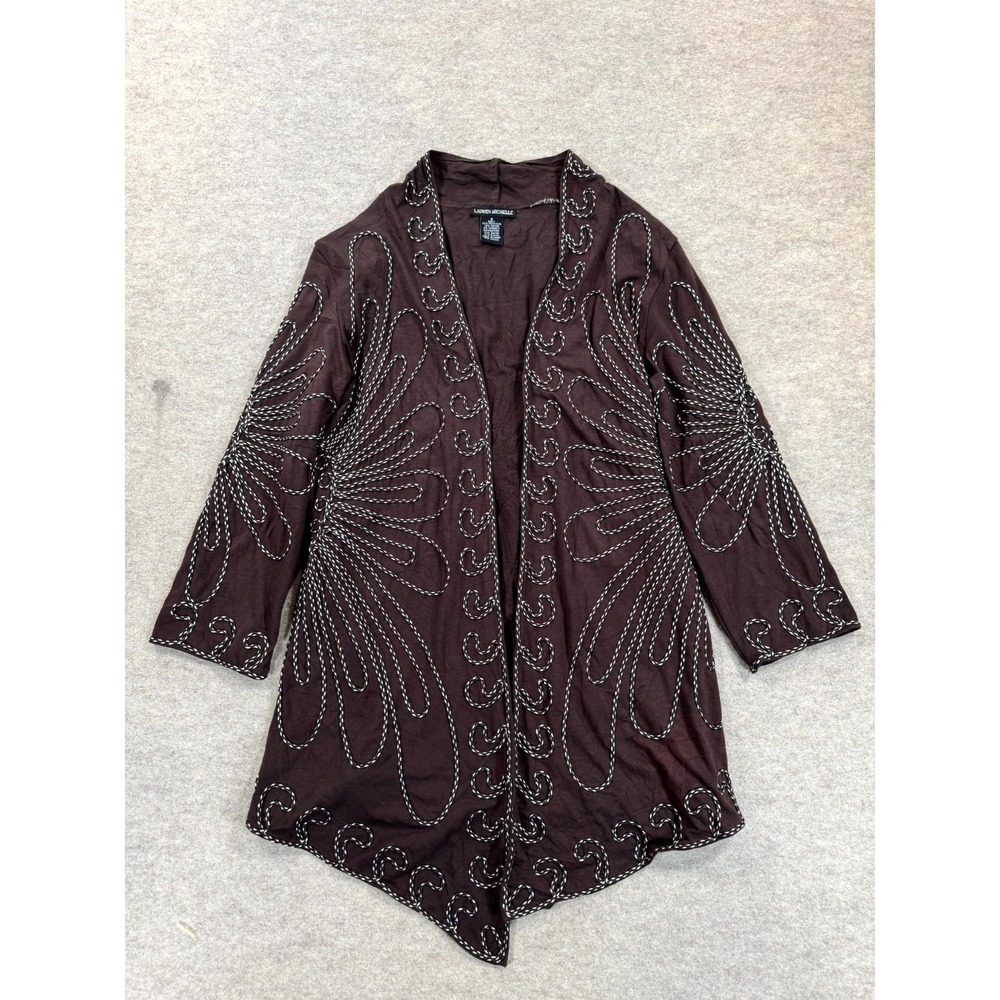 Lauren Michelle Embellished Open Front Jacket Womens S Brown Asymmetrical Hem